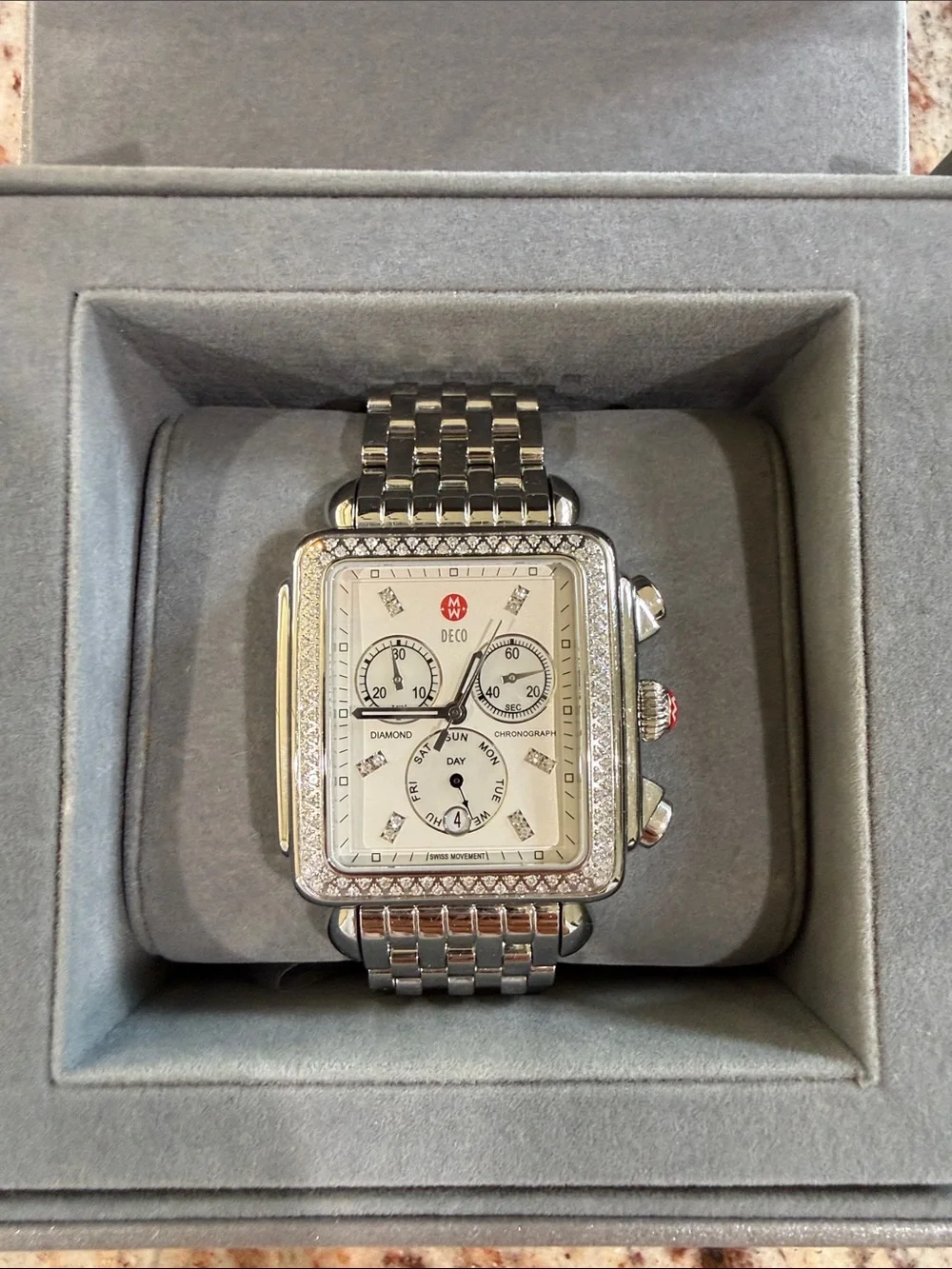 Michele Silver Stainless Steel Diamond-Accent Chronograph Watch